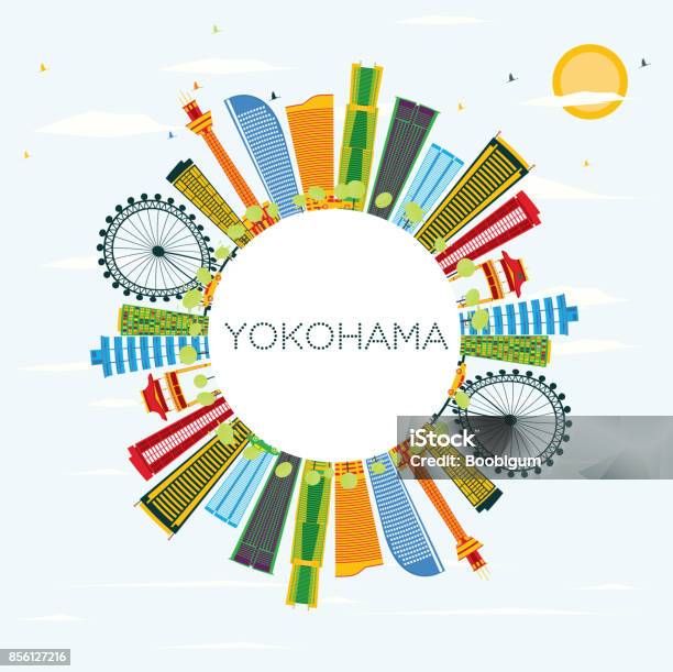 Yokohama Skyline With Color Buildings Blue Sky And Copy Space Stock Illustration - Download Image Now