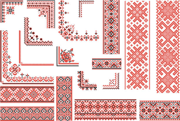 Red and Black Patterns for Embroidery Stitch Set of editable ethnic patterns for embroidery stitch in red and black. Borders and corners. slavic culture stock illustrations