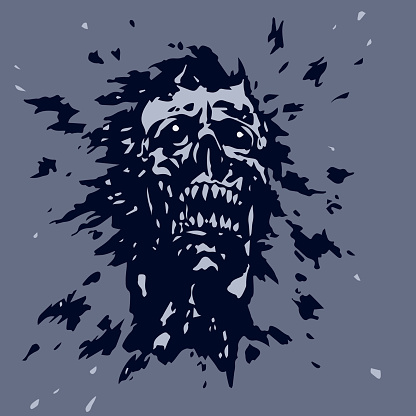 Angry screaming ghoul vampire head. Vector illustration. The genre of horror. Scary fictional nightmare character face.