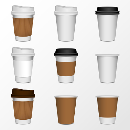 3d blank paper coffee cup realistic set isolated on white background. Vector illustration