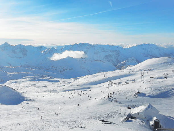 Les2Alpes ski resort slopes aerial view, France Les Deux Alpes ski resort slopes, mountain panorama and sun aerial view, France, French Alps slopestyle stock pictures, royalty-free photos & images