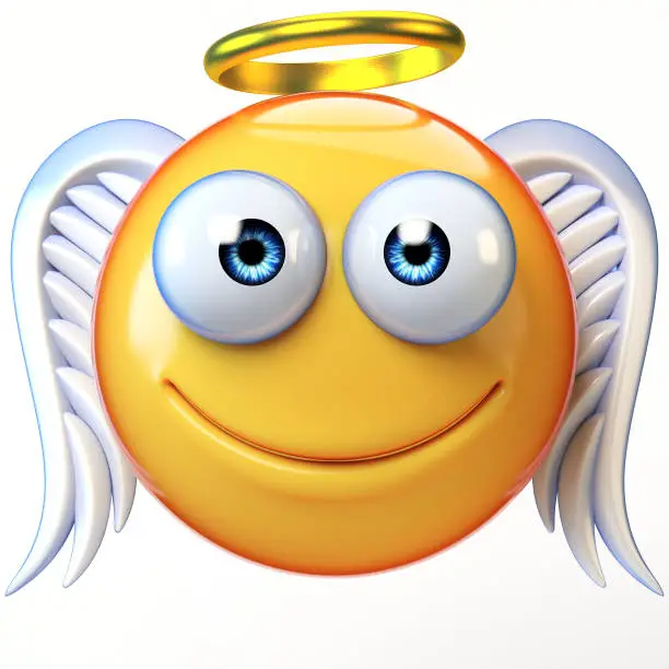Angel emoji isolated on white background, emoticon with wings and halo 3d rendering