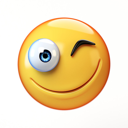 Badge with funny laughing emoticon  isolated on the white background. Emoji set icons. 3d illustration.