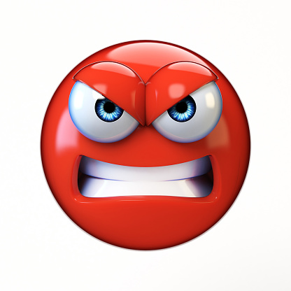 Angry emoji isolated on white background, mad emoticon 3d rendering