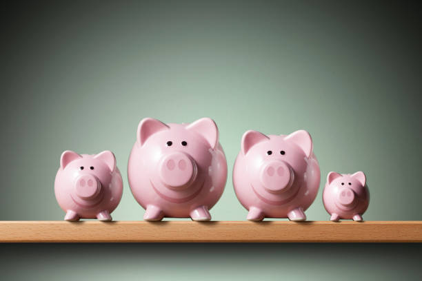 Piggy bank family Four winking piggy banks on the shelf. animal representation photos stock pictures, royalty-free photos & images