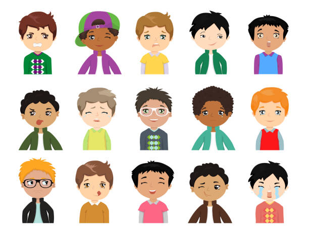 Set of Cartoon cute  multi-ethnic boys face emotions Vector Icons. Set of 15 emotions. Funny kids of different races with various hairstyles. child laughing hysterically stock illustrations