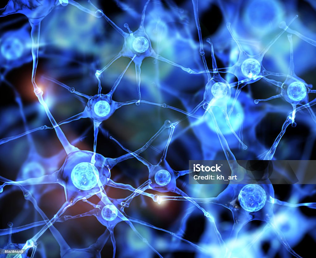 Node and Node Connector in the Brain networks. Node structures in the central nervous system. Anatomy of a multipolar neuron. 3d illustration Nerve Cell Stock Photo