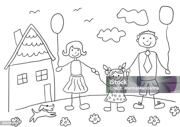 Childs Drawing Happy Family With Dog Father Mother Daughter And Their House Stock Illustration - Download Image Now