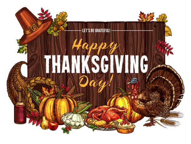 ilustrações de stock, clip art, desenhos animados e ícones de thanksgiving turkey harvest vector sketch greeting - cornucopia november pumpkin leaf