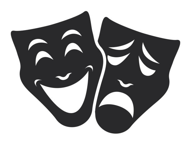 illustrazioni stock, clip art, cartoni animati e icone di tendenza di set vettoriale di simboli maschera teatro, concetto triste e felice - maschera da commedia