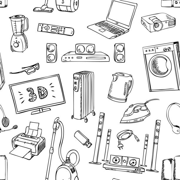 ilustrações de stock, clip art, desenhos animados e ícones de home electronics icons appliances, seamless pattern - vacuum tube