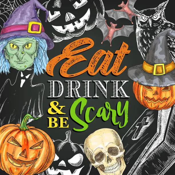 Vector illustration of Halloween night party monster vector sketch poster