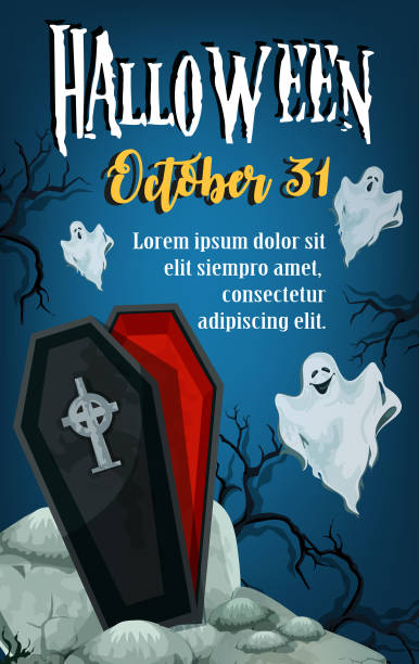 할로윈 휴가 속임수 치료 공포 파티 포스터 - halloween invitation vector coffin stock illustrations