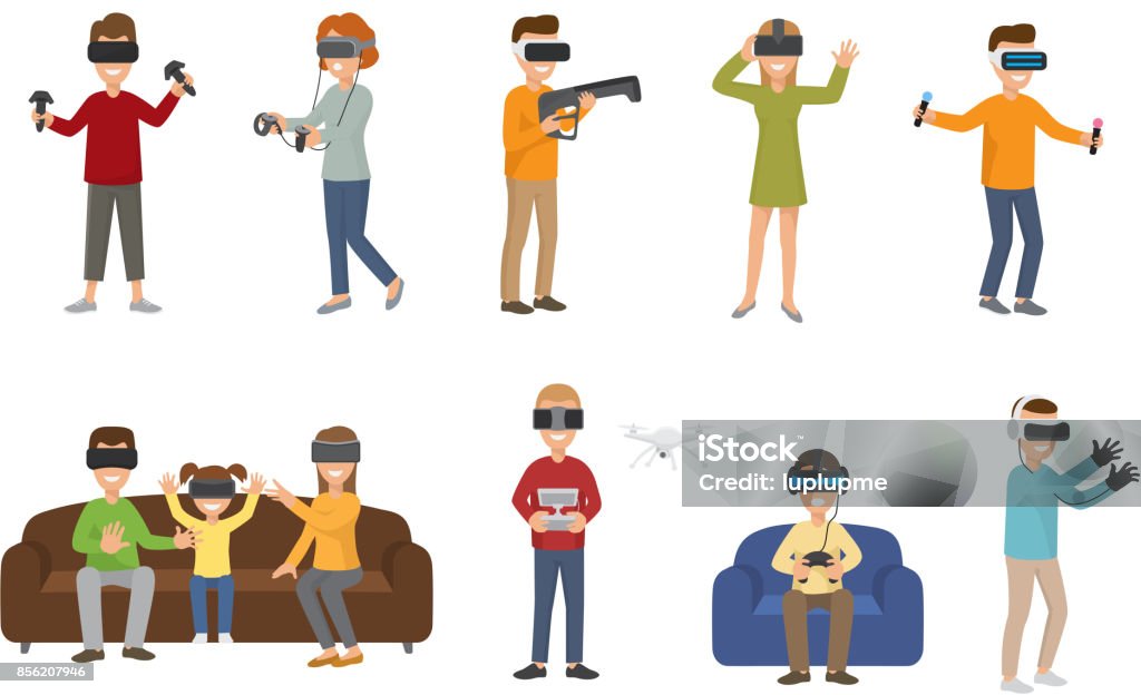 Virtual reality VR glass headset people playing enjoy 3d goggles device characters simulation futuristic video game vector illustration Virtual reality VR glass headset people playing enjoy 3d goggles device characters simulation futuristic video game vector illustration. Innovation modern digital play vision tool. Virtual Reality Simulator stock vector