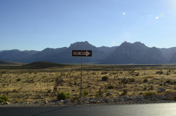 istock one Way sign in Mojave Desert landscape 856207958