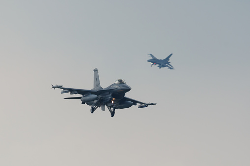 Leeuwarden Netherlands April 11 2016: Lockheed Martin F-16AM Fighting Falcon fighters returning from a mission during the Frisian Flag exercise