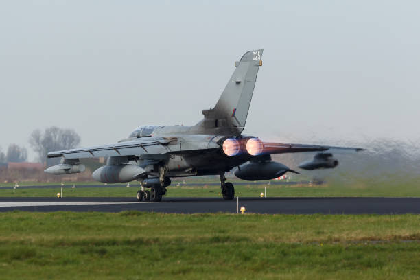 Luqa, Malta - October 1, 2024: A flight of Royal Air Force Eurofighter EF-2000 Typhoon FGR4 (REG: ZK376) on a run-in-and break before landing for a tech stop.
