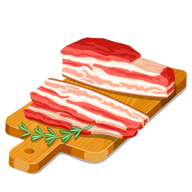 plastry becon z rozmarynem na drewnianej desce do krojenia - ham baked roast pork holiday stock illustrations