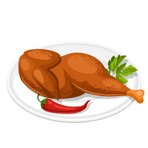 Vector illustration of Smoked chicken with parsley leaf and chili on white plate