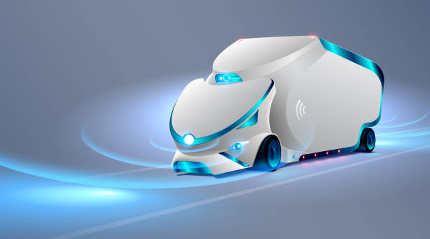 illustrations, cliparts, dessins animés et icônes de lecteur autonome de camion sur la route. véhicules téléguidés. futur concept-car. vector - drone futuristic