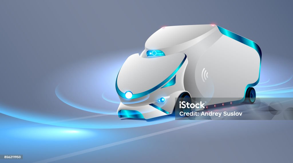 Autonomous truck drive on the road. Unmanned vehicles. Future concept car. VECTOR Driverless Transport stock vector