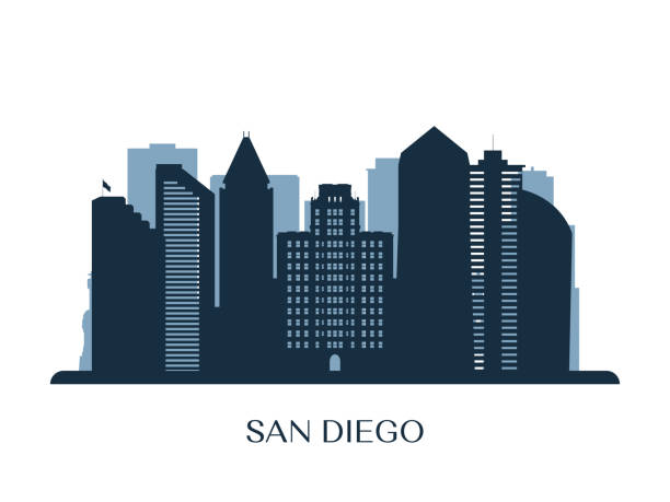 San Diego skyline, monochrome silhouette. Vector illustration. San Diego skyline, monochrome silhouette. Vector illustration. san diego stock illustrations