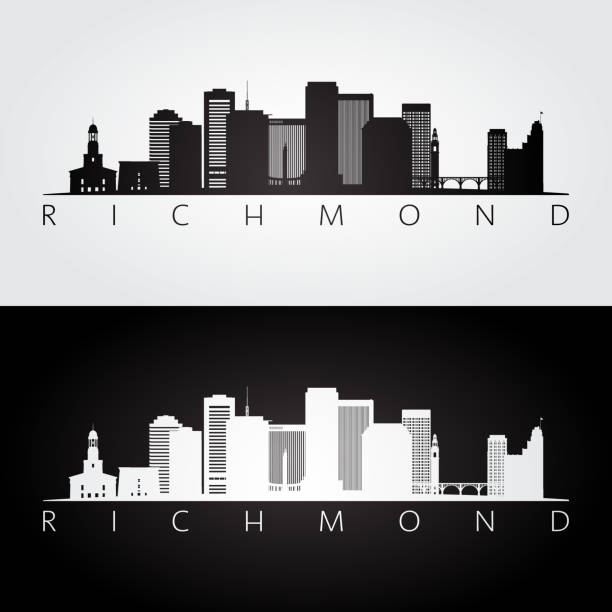 illustrazioni stock, clip art, cartoni animati e icone di tendenza di skyline e punti di riferimento di richmond usa silhouette, design in bianco e nero, illustrazione vettoriale. - richmond virginia