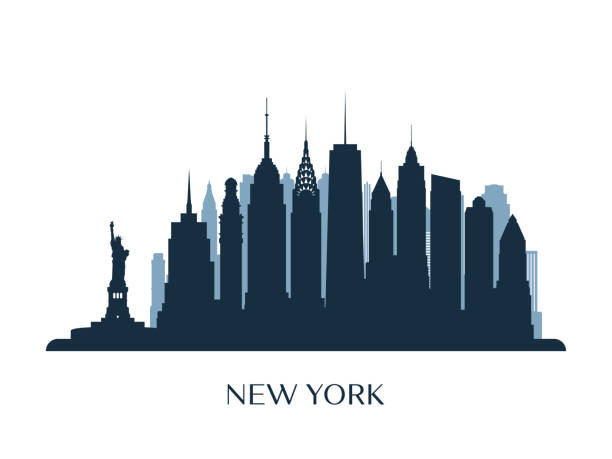 ilustraciones, imágenes clip art, dibujos animados e iconos de stock de skyline de nueva york, silueta monocromo. ilustración de vector. - new york