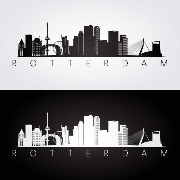 rotterdam skyline und wahrzeichen silhouette, schwarz / weiß design, vektor-illustration. - rotterdam stock-grafiken, -clipart, -cartoons und -symbole