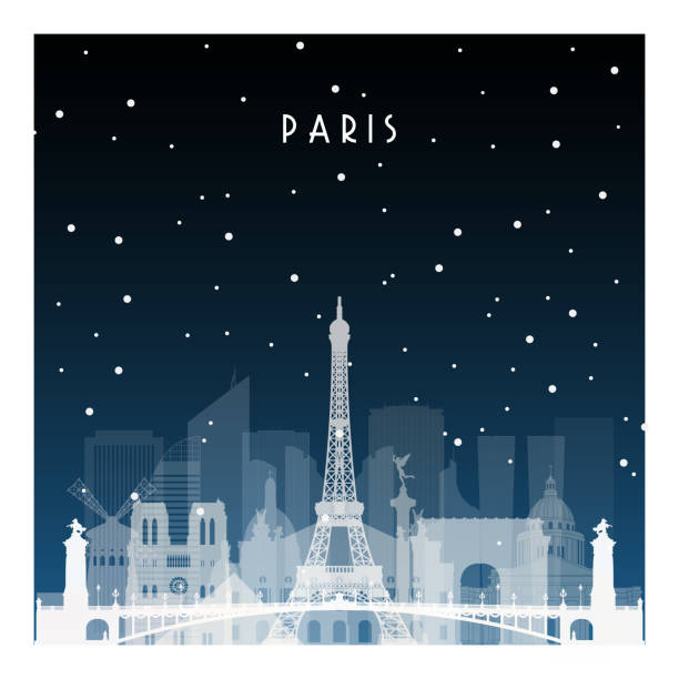 Winter night in Paris. Night city in flat style for banner, poster, illustration, game, background. Winter night in Paris. Night city in flat style for banner, poster, illustration, game, background. eiffel tower winter stock illustrations