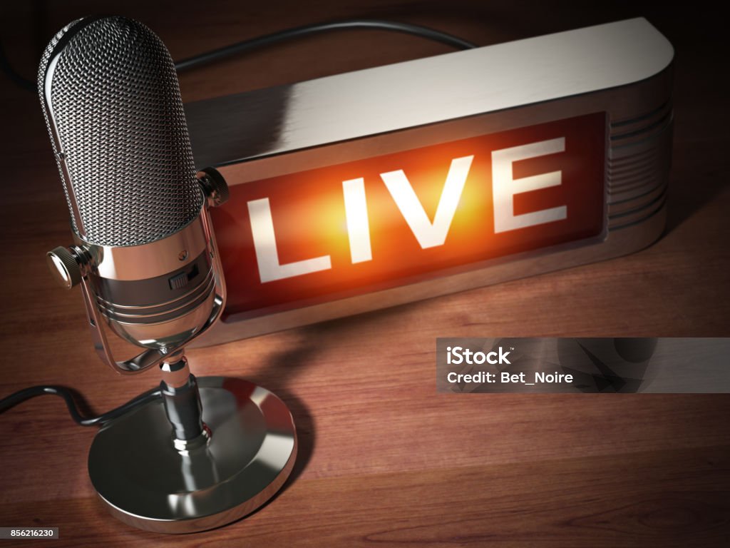 Vintage microphone with signboard live. Broadcasting radio station concept. Vintage microphone with signboard live. Broadcasting radio station concept. 3d illustration Radio Stock Photo