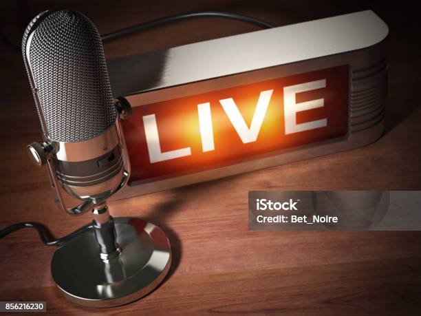 Vintage Microphone With Signboard Live Broadcasting Radio Station Concept Stock Photo - Download Image Now