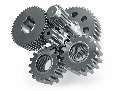 Engine gears wheels and cogwheels isolated on white background. 3d illustration