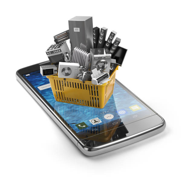 istock Mobile phone and shopping basket with home kitchen appliances isolated on white. E-commerce and online shopping by smartphone concept. 856225790