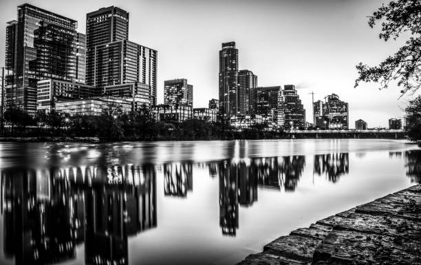 istock Tranquil Mirrored Image Black and White Austin Texs Downtown Skyline Cityscape Reflection on Town Lake 856230262