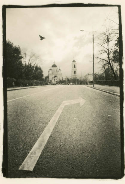 istock Road marking: a turn indicator on the background of the temple. 856230276