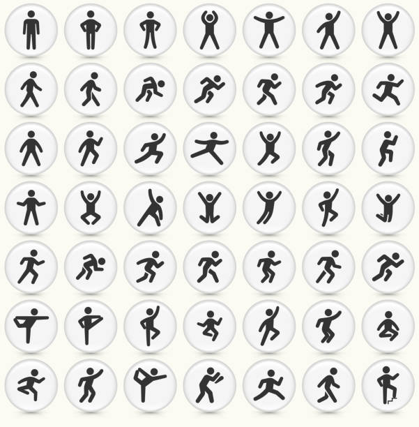 People in motion Active Lifestyle Vector Icon Set Round Buttons People in motion Active Lifestyle Vector Icon Set. This icon set featured 49 icons of stick figure people in various positions. They are ideal to illustrate active and healthy lifestyle. Each icon is designed to be used on it's own or as part of this set. jumping jacks stock illustrations