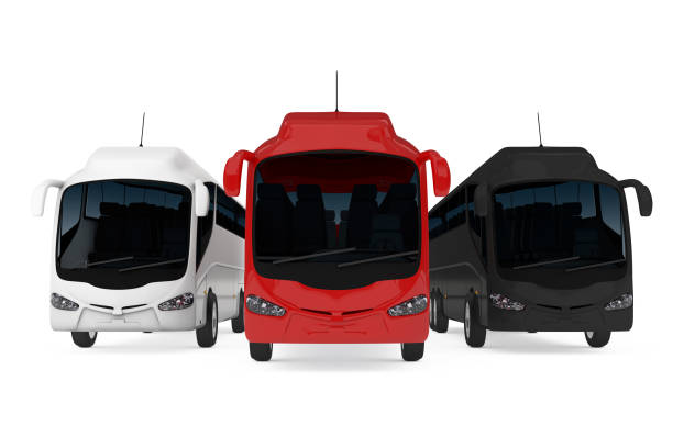 row of big red, white and black coach tour buses. 3d rendering - bus coach bus travel red imagens e fotografias de stock