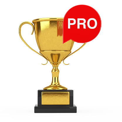 Red Speech Bubble Tag Lable with Pro Sign in front of Golden Trophy on a white background. 3d Rendering