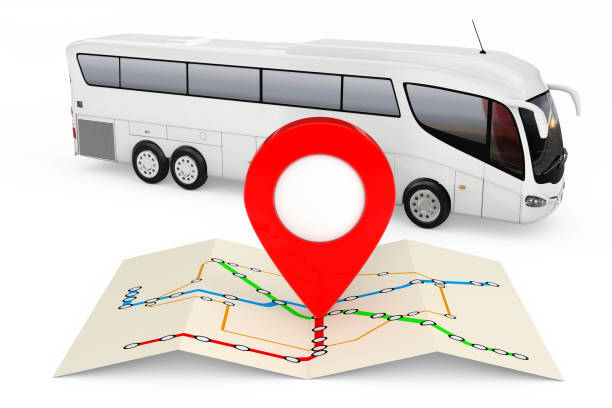 bus stations map with red point pin in front of big white coach tour bus. 3d rendering - bus coach bus travel red imagens e fotografias de stock