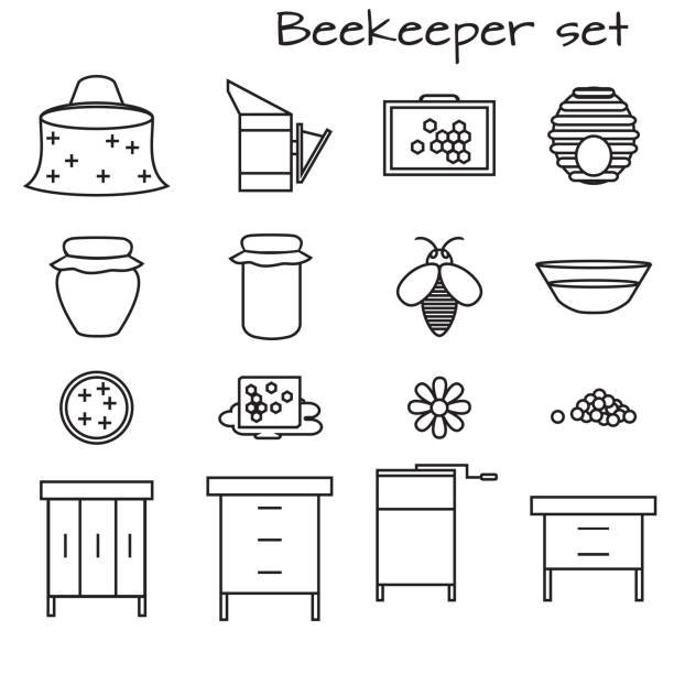 Flat outline design elements of Beekeeping and apiculture. Beekeeper Tools and equipment set. Apiary Instrument isolated. Beehive and Honeycomb. Honey in jar. Flat outline design elements of Beekeeping and apiculture. Beekeeper Tools and equipment set. Apiary Instrument isolated. Beehive and Honeycomb. Honey in jar hiver stock illustrations