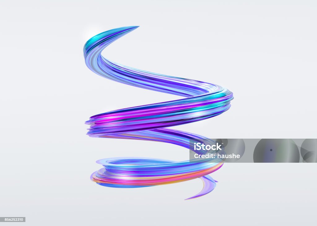 3D Abstract Brush Stroke. Trendy Colorful Paint Splash. Glossy Candy Colors. Liquid Spiral Ribbon. Wave in Motion on Isolated Background. Pink, Blue, Purple Ink. Design for Wallpaper, Advertising, Banner, Poster. Three Dimensional Stock Photo