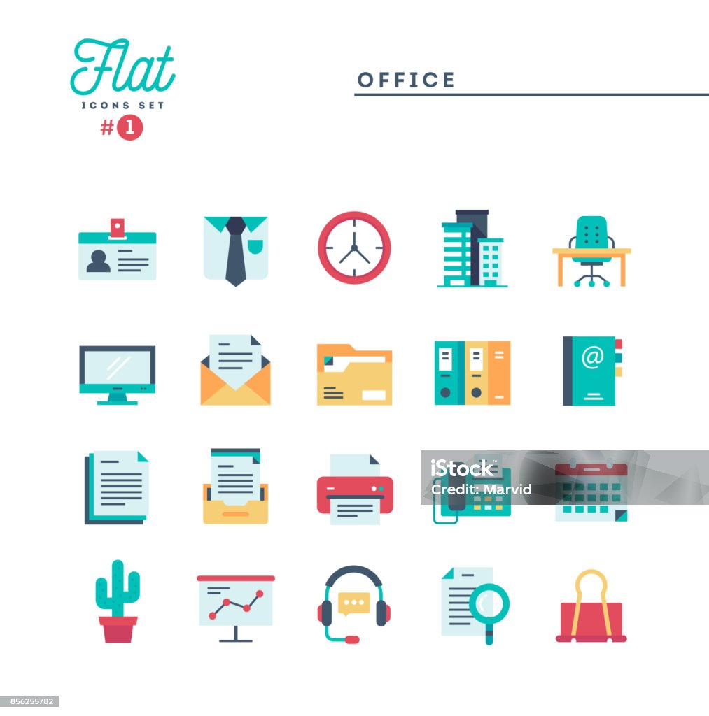 Office, work space and items, flat icons set Office, work space and items, flat icons set, vector illustration Icon Symbol stock vector