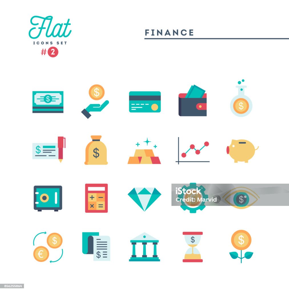 Finanzen, Geld, Bankwesen und mehr, flache Icons Set - Lizenzfrei Icon Vektorgrafik