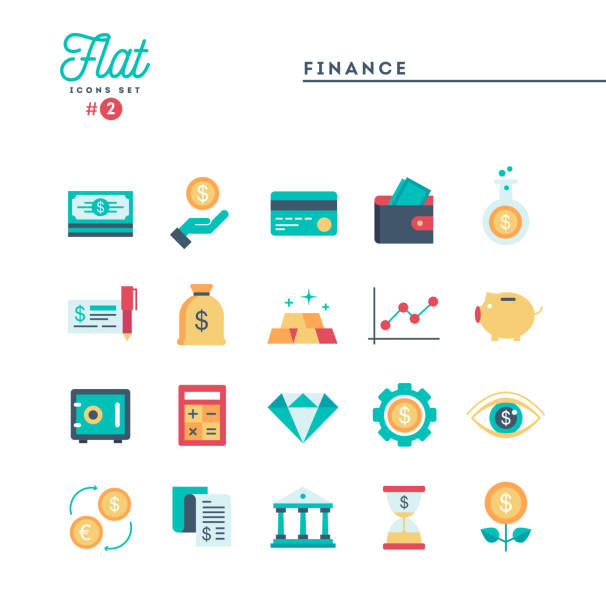 illustrazioni stock, clip art, cartoni animati e icone di tendenza di finanza, denaro, banche e altro ancora, set di icone piatte - stock exchange stock market data finance financial figures