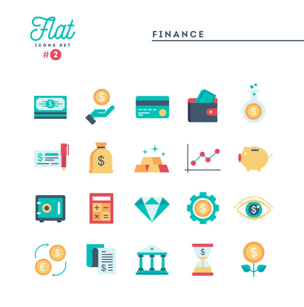 финансы, деньги, банковское дело и многое другое, плоские значки набор - банк иллюстрации stock illustrations