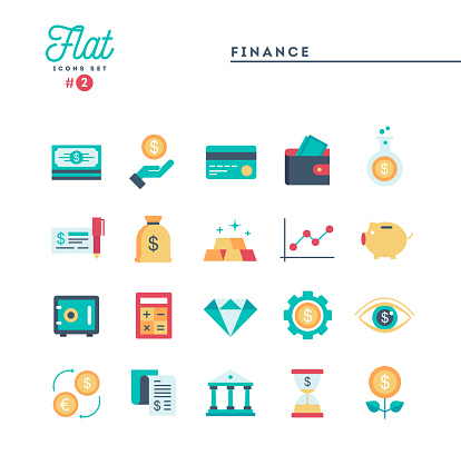 Finance, money, banking and more, flat icons set, vector illustration