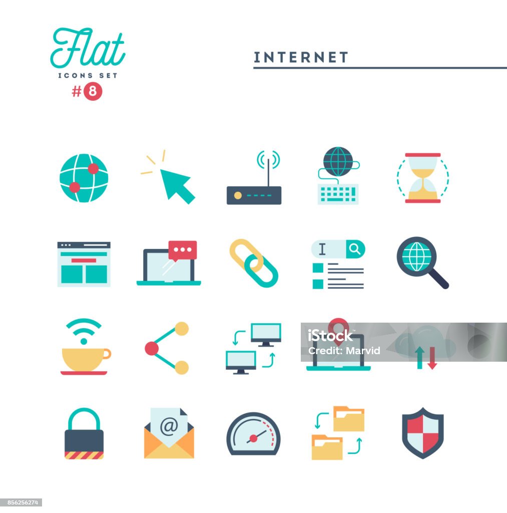 인터넷, 글로벌 네트워크, 클라우드 컴퓨팅, 무료 WiFi 등 평면 아이콘을 설정 - 로열티 프리 아이콘 벡터 아트