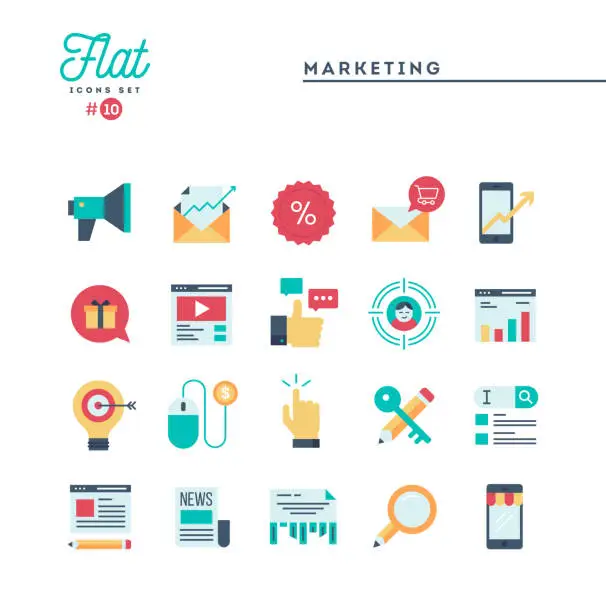 Vector illustration of Digital marketing, online business, target audience, pay per click and more, flat icons set