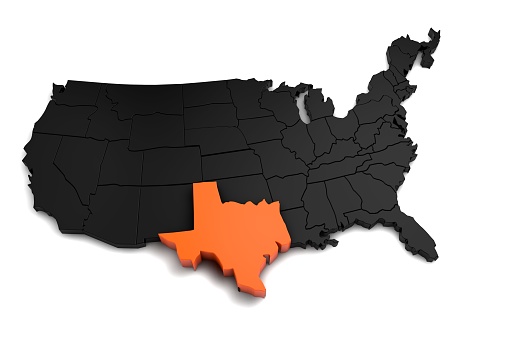 United States of America, 3d black map, with Texas state highlighted in orange. 3d render